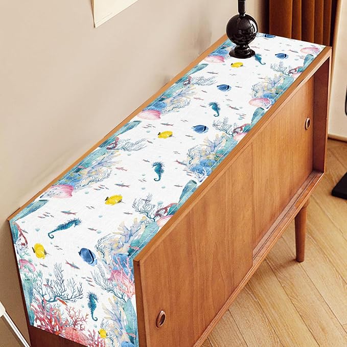 Nautical Table Runner, Summer Coastal Starfish Seahorse Seashells Coral - Image 3