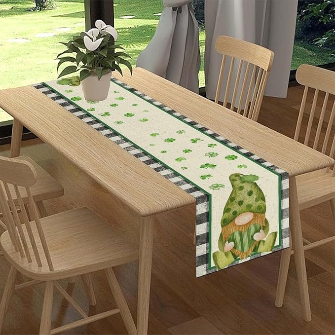St.Patrick's Day Table Runner, Vintage Black White Plaid Green Polka Dot Gnome - Image 3
