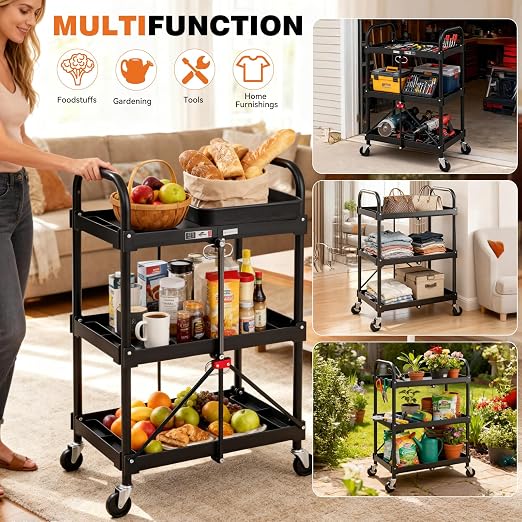 DUMOS 3-Tier Foldable Utility Cart Set of 2, Collapsible Service Cart - Image 2