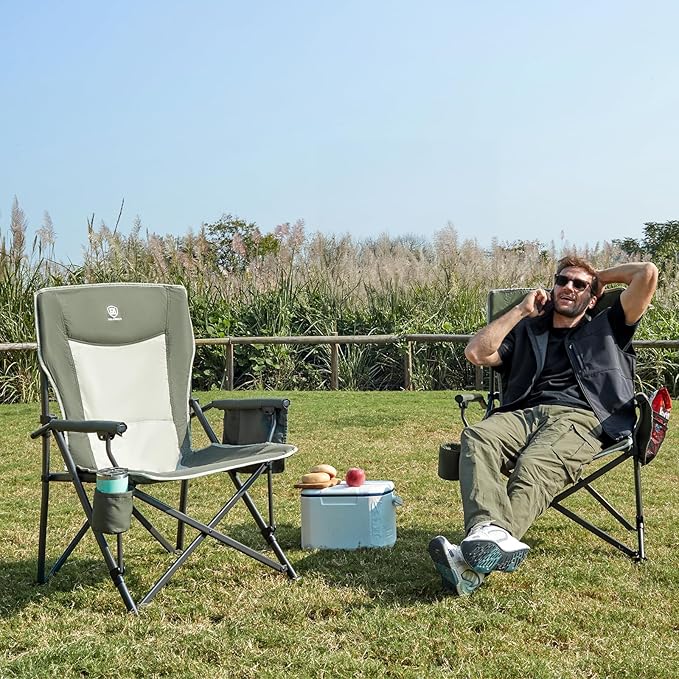 Camp Chair, Large Green Steel Frame with Swivel Cup Holder