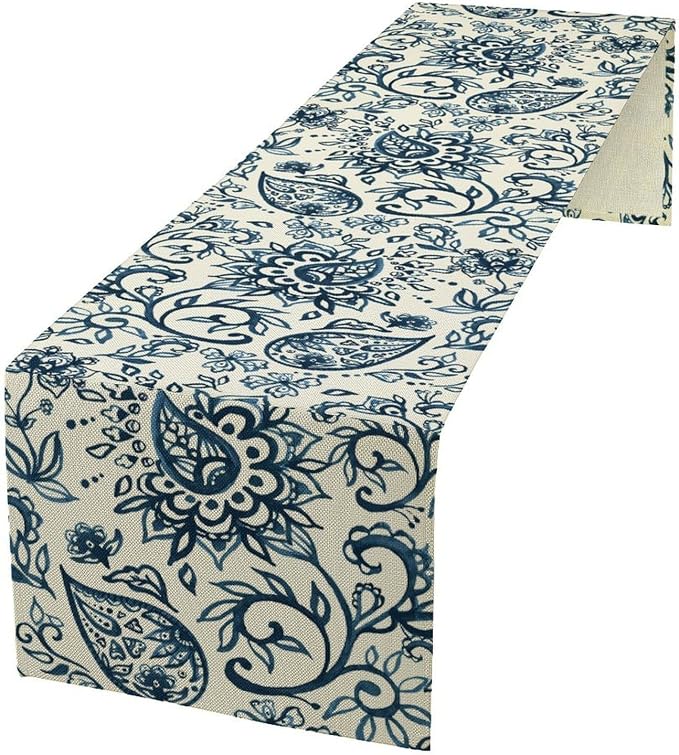 Blue Paisley Table Runner, Vintage Damask Antique Floral Flower Boho Damask - Image 6