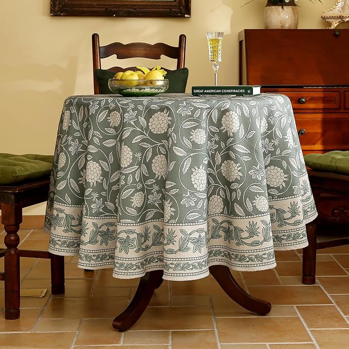 ISAENNE Designer Grayish Green Linen Round Tablecloth, Floral Elegant Stain - Image 2
