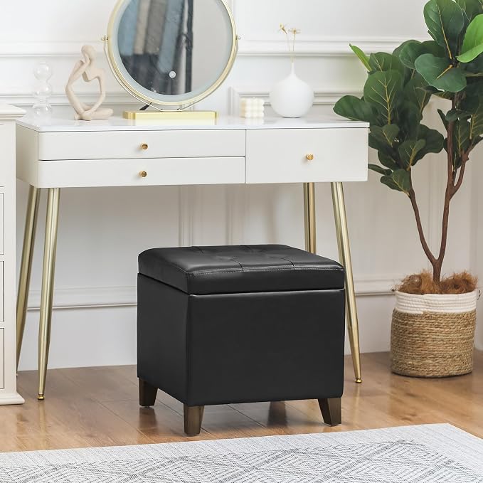 Homebeez Black Tufted Faux Leather Storage Ottoman Square Cube Foot Rest Stool - Image 2