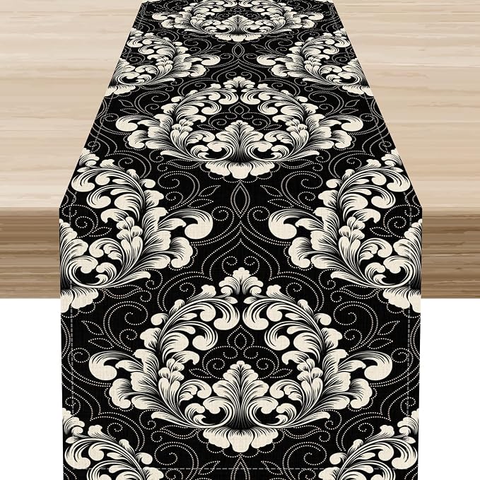 Gothic Table Runner, Retro Black Damask Baroque Style Floral Bohemian Exotic by Unknown