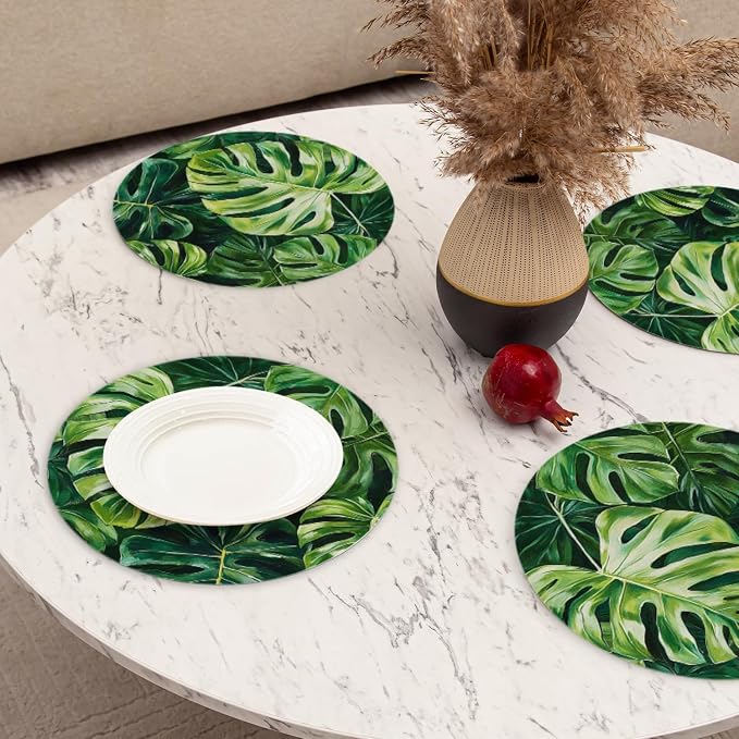 Faux Leather Placemats Set of 4, Tropical Green Leaves Ding Table Round - Image 6