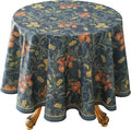 patdrea Designer Dark Blue Linen Round Tablecloth, Vintage French Rustic Floral by Welcometopatdrea