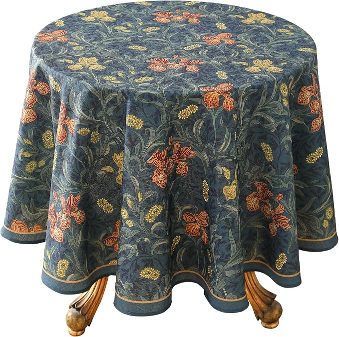 patdrea Designer Dark Blue Linen Round Tablecloth, Vintage French Rustic Floral by Welcometopatdrea