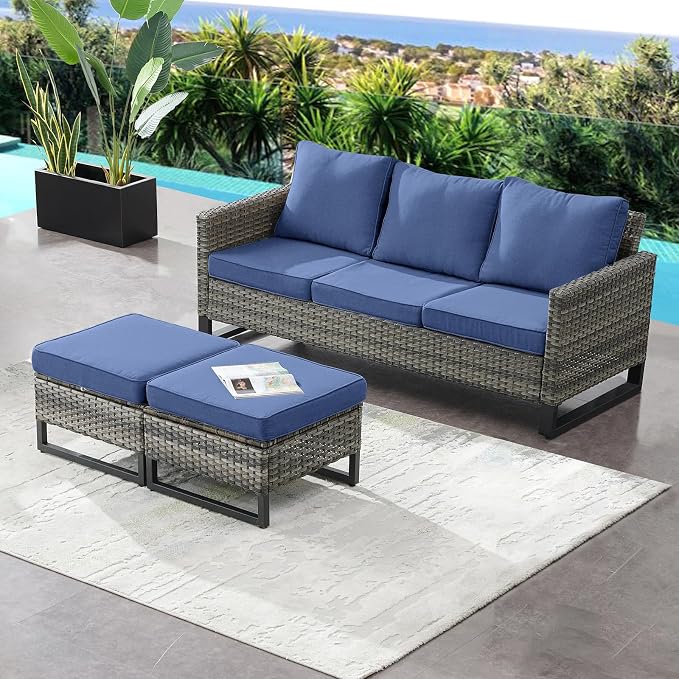 HUMMUH Outdoor Ottomans for Patio Set of 2 PE Wicker Outdoor Footstool - Image 5