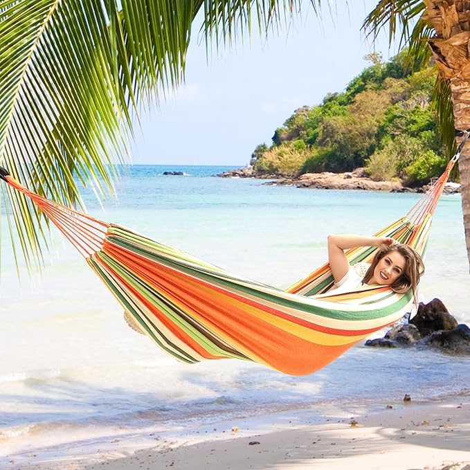 Camping Hammock in Orange Cotton with Anti-Rollover Design