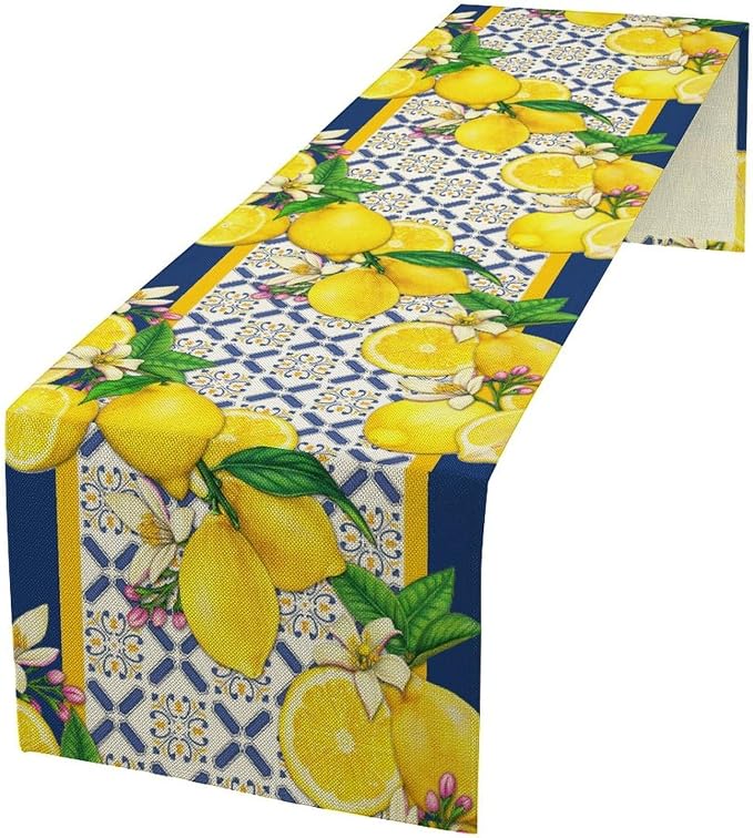 Yellow Lemon Table Runner, Spring Summer Seasonal Blue Tiles Watercolor Lemon by JanJCurt