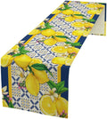 Yellow Lemon Table Runner, Spring Summer Seasonal Blue Tiles Watercolor Lemon by JanJCurt