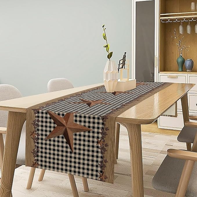 Rustic Star Table Runner, Vintage Wood Barn Black Grid Western Texas Farmhouse - Image 2