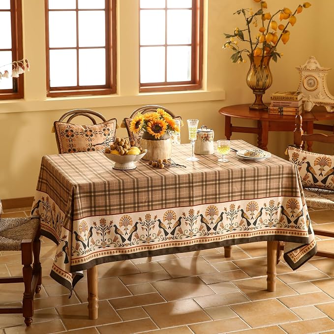 Vintage Brown Checkered Small Rectangle Tablecloth, Italian Floral Linen - Image 9