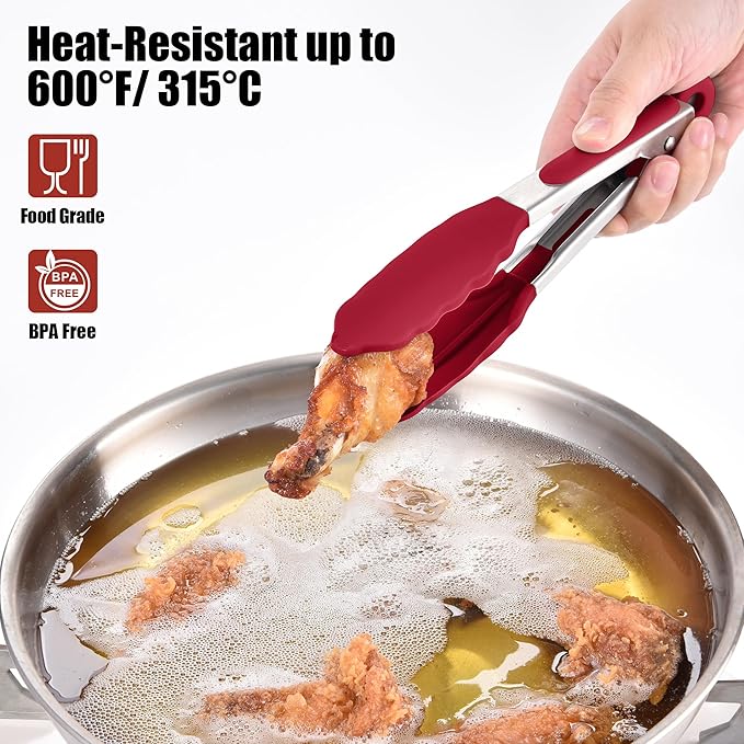 Tongs, 10.51-Inch Stainless Steel with 600°F Silicone Tips, Red