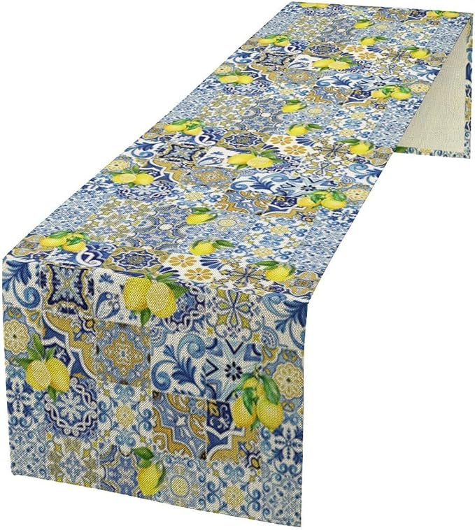 Farmhouse Rustic Lemon Table Runner, Vintage Morocco Blue Tiles Mediterranean by Unknown