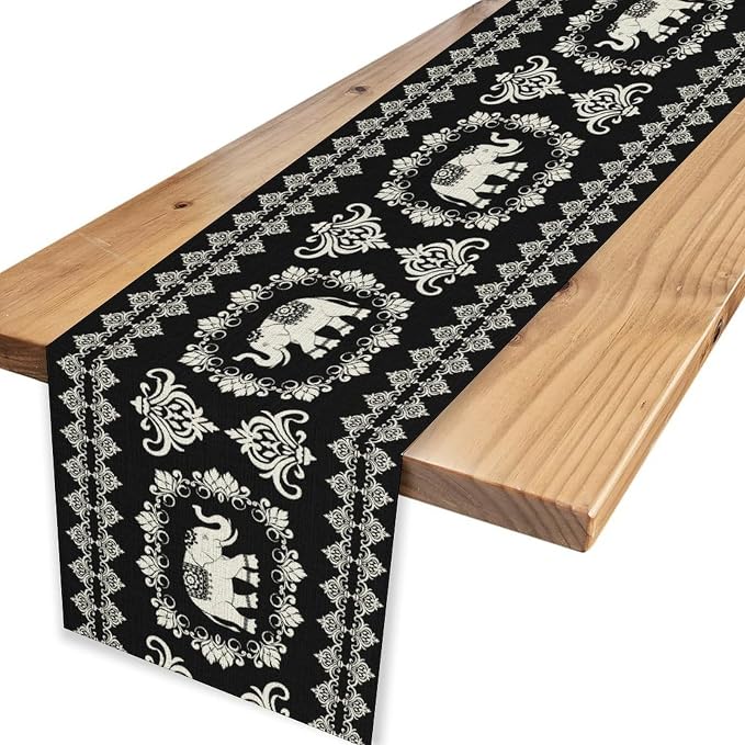 Boho Elephant Table Runner, Rustic Black African Tribe Animal Damask Diwali - Image 4