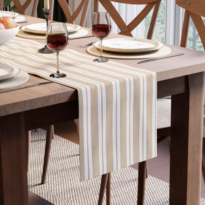 Encasa XO Cotton Dining Table Runner | Franca Beige Stripes | Size 13x72 in by EncasaXO