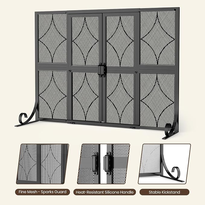 Fireplace Screen with Sliding Doors, 37.8" W x 30.7" H Modern Wrought Iron - Image 4
