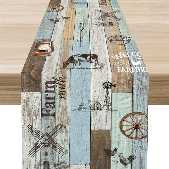 Farmhouse Cow Table Runner, Rustic Blue Wooden Animals Rooster Chicken Summer by Unknown