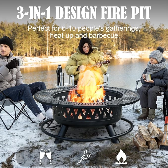42 Inch Fire Pit with 2 Grills, Large Outdoor Firepits - Image 3