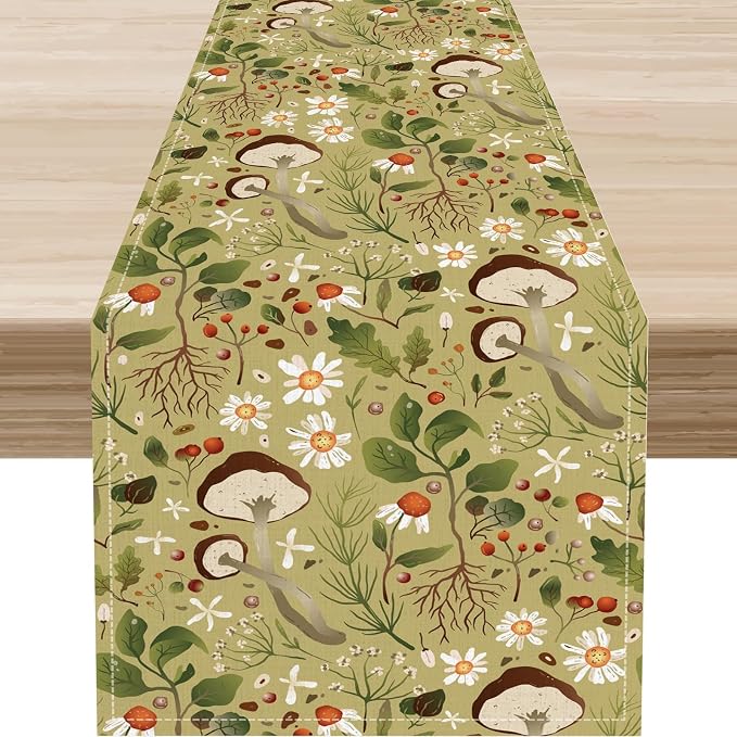 Mushroom Table Runner, Rustic Farmhouse Forest Plants Botanical Country Green by Unknown