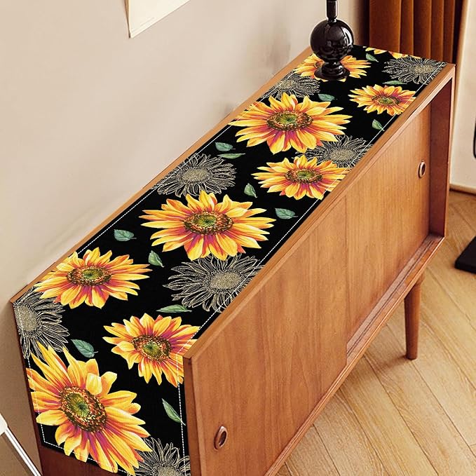 Black Yellow Floral Table Runner, Watercolor Sunflowers Vase Spring Sunshine - Image 3
