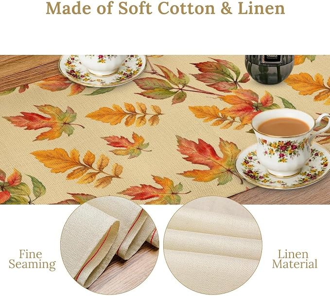Fall Table Runner, Autumn Orange Yellow Maple Leaves Rustic Thanksgiving - Image 5
