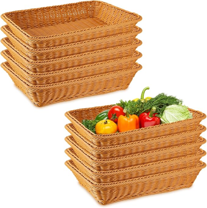 Tioncy 10 Pcs Poly Wicker Woven Bread Basket Imitation Rattan Fruit Basket Tray by Tioncy