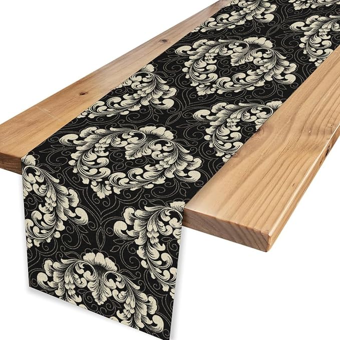 Gothic Table Runner, Retro Black Damask Baroque Style Floral Bohemian Exotic - Image 4