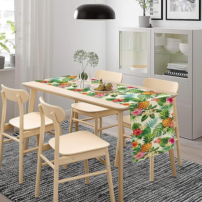 Summer Pineapple Table Runner, Tropical Palm Leaves Flowers Fruit Table Runner - Image 2