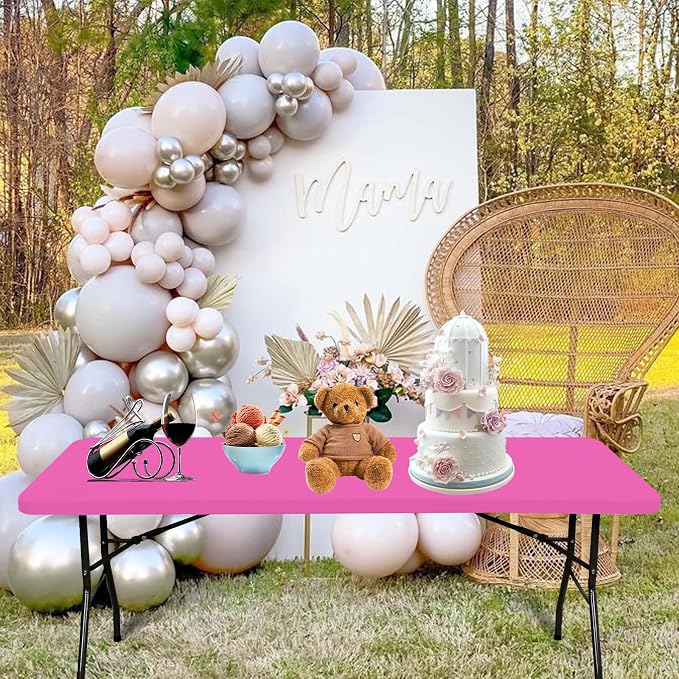 6 Pack Fitted Tablecloth for 6 Foot Rectangle Tables, Hot Pink Elastic Outdoor - Image 7