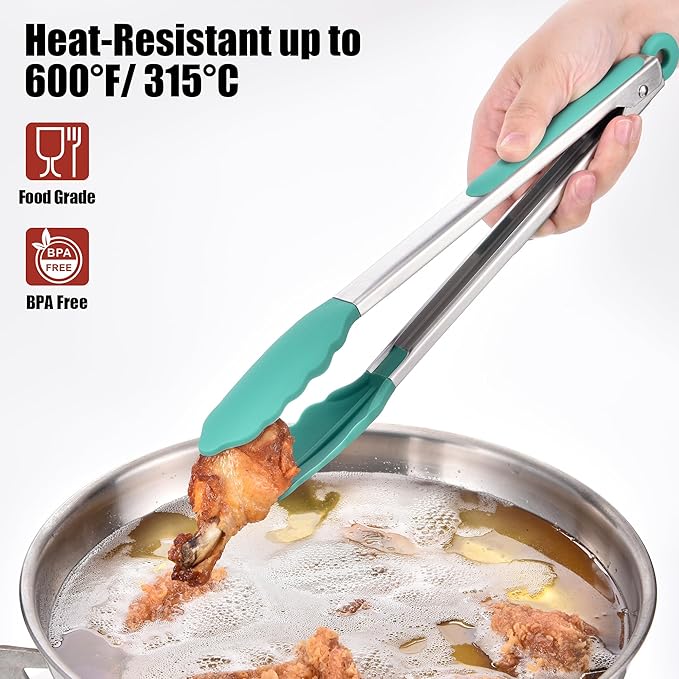 Stainless Steel Locking Kitchen Tongs with Silicone Tips, Aqua Sky