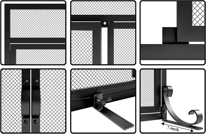 Flat Fireplace Screen with Doors, Solid Wrought Iron Frame with Metal Mesh - Image 6