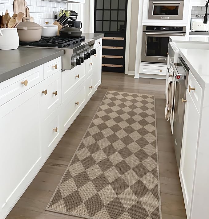 Easy Jute Checkered Runner Rug, 2x6 Brown Modern Washable Rugs Runner - Image 5