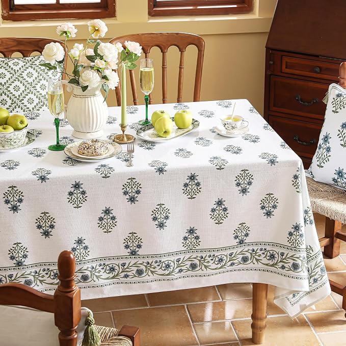 ISAENNE Designer White Linen Long Rectangle Tablecloth, Chinoiserie Floral - Image 9