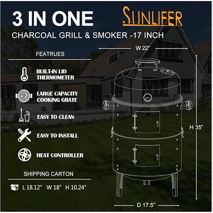 Charcoal BBQ Grill, Heavy Duty 3-in-1 Barbecue Smoker Grill - Image 3