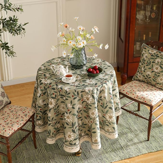 ISAENNE Designer Green Linen Round Tablecloth, Floral French Country Indoor - Image 8