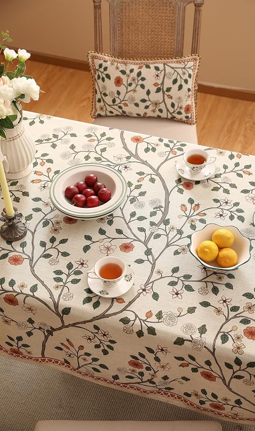 ISAENNE Designer Floral Table Cloth Rectangle, French Linen Light Beige Indoor - Image 8
