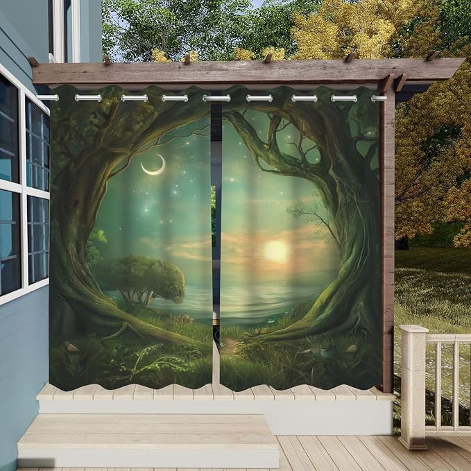 Forest Theme Waterproof Indoor/Outdoor Curtains, Trees Moon Lake Pattern - Image 3