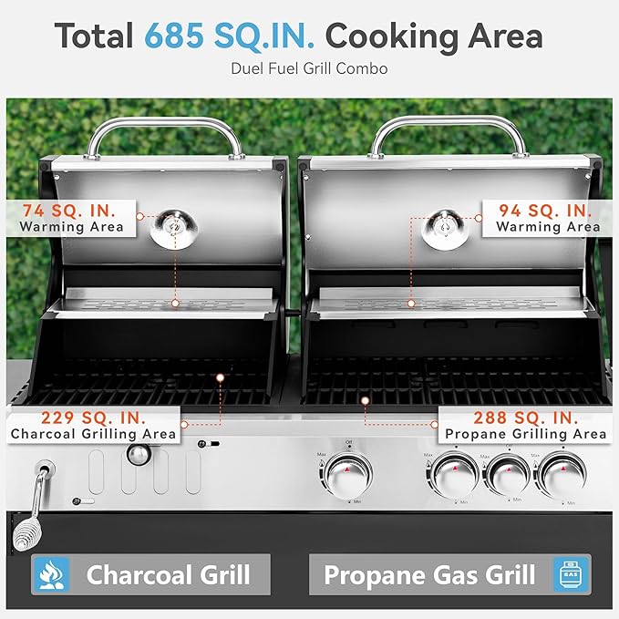 3 Burner Propane Gas and Charcoal Grill Combo - Image 3
