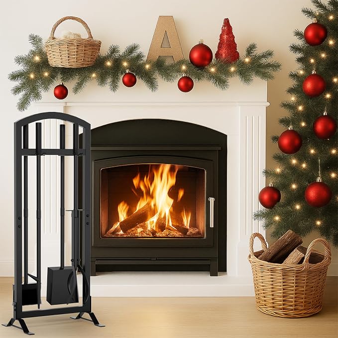 6 Pcs Fireplace Tools Set with Log Carrier, HXJLJY 34" Fireplace Accessories - Image 2