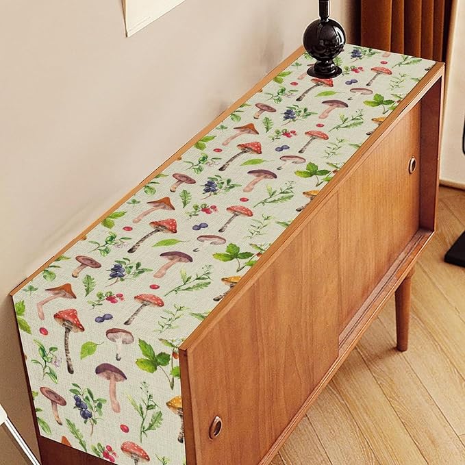 Mushroom Table Runner, Rustic Farmhouse Forest Plants Botanical Wildfloral - Image 2