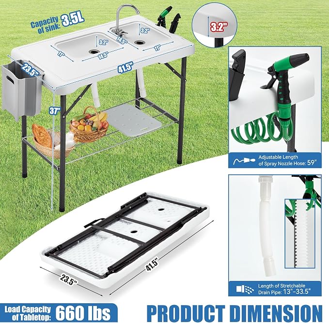 Folding Fish Cleaning Table Portable Camping Double Sinks Table w/2 Dual Water - Image 2