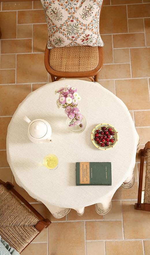 ISAENNE Designer Off White Linen Small Round Tablecloth, Floral Elegant Table - Image 7