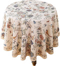 ISAENNE Designer French Light Beige Round Tablecloth, Linen Florals and Birds by Isaennehomedecoration
