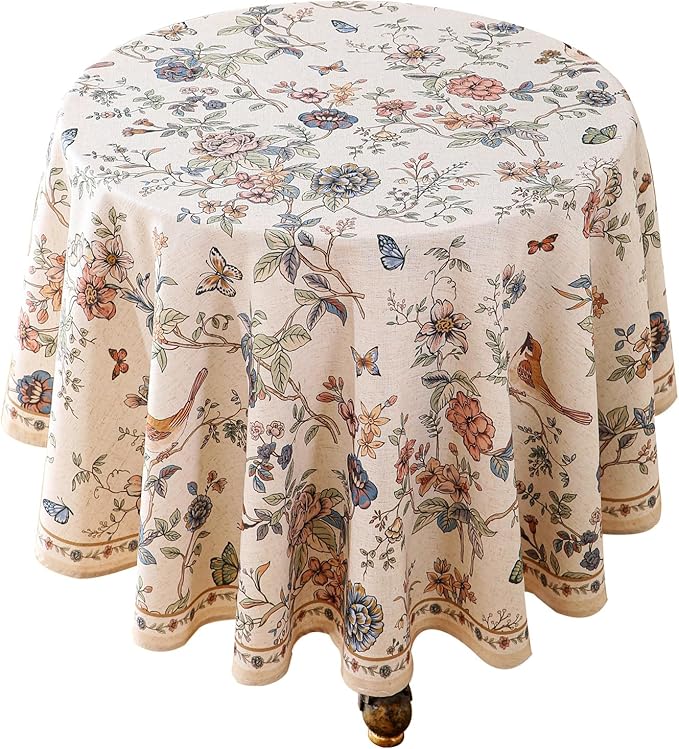 ISAENNE Designer French Light Beige Small Round Tablecloth, Linen Florals and by Isaennehomedecoration