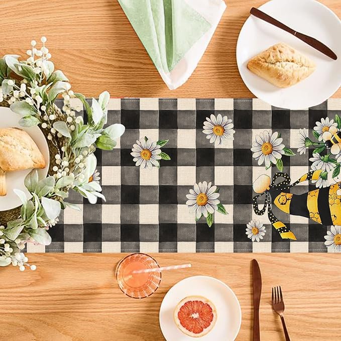 Seliem Spring Bee Gnome Table Runner, Honey Black White Buffalo Plaid Check - Image 3