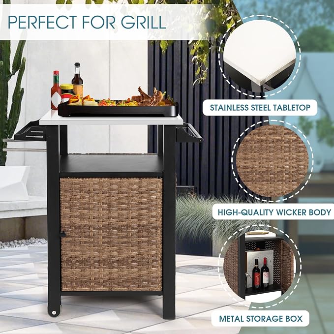Grill Cart Outdoor with Wheels, Outdoor Prep Table with Wicker Storage and - Image 4
