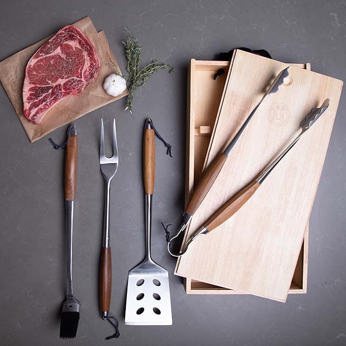 Barbecue Tool Set, 4 Piece Stainless Steel with Bonded Teak Handles