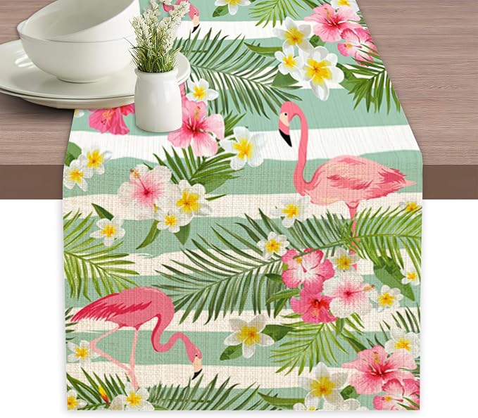 Flamingo Palm Leaf Hibiscus Table Runner Dresser Scarves Seasonal Linen by Elightvap